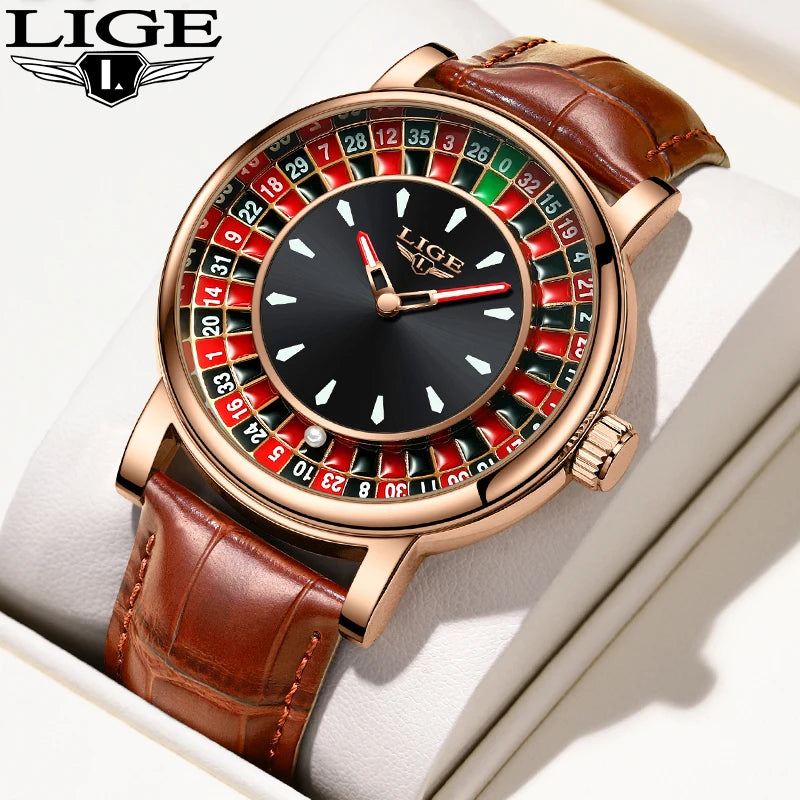LIGE Retro Trendency Quartz Watches Unique Fashion Luxury Creative Gambling Table Game Dial Casual Waterproof Leather Mens Watch