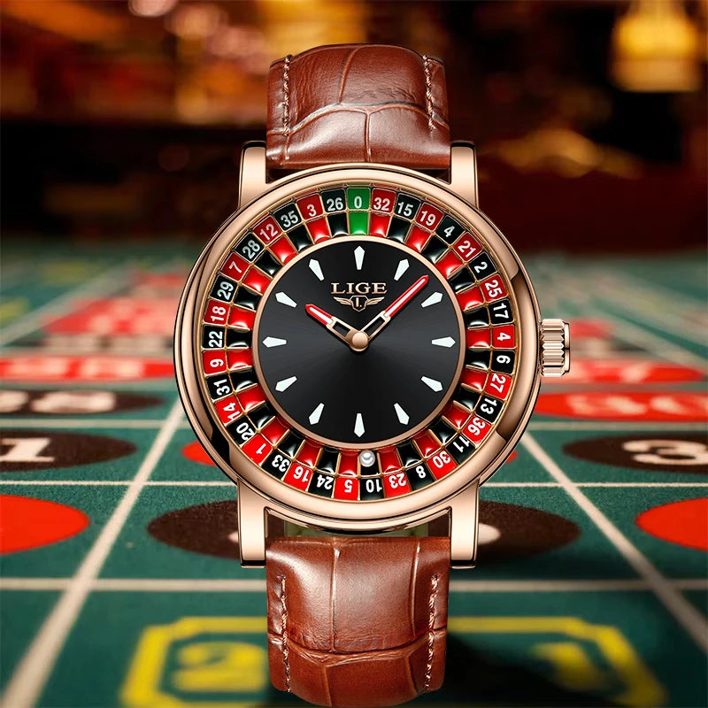 LIGE Retro Trendency Quartz Watches Unique Fashion Luxury Creative Gambling Table Game Dial Casual Waterproof Leather Mens Watch