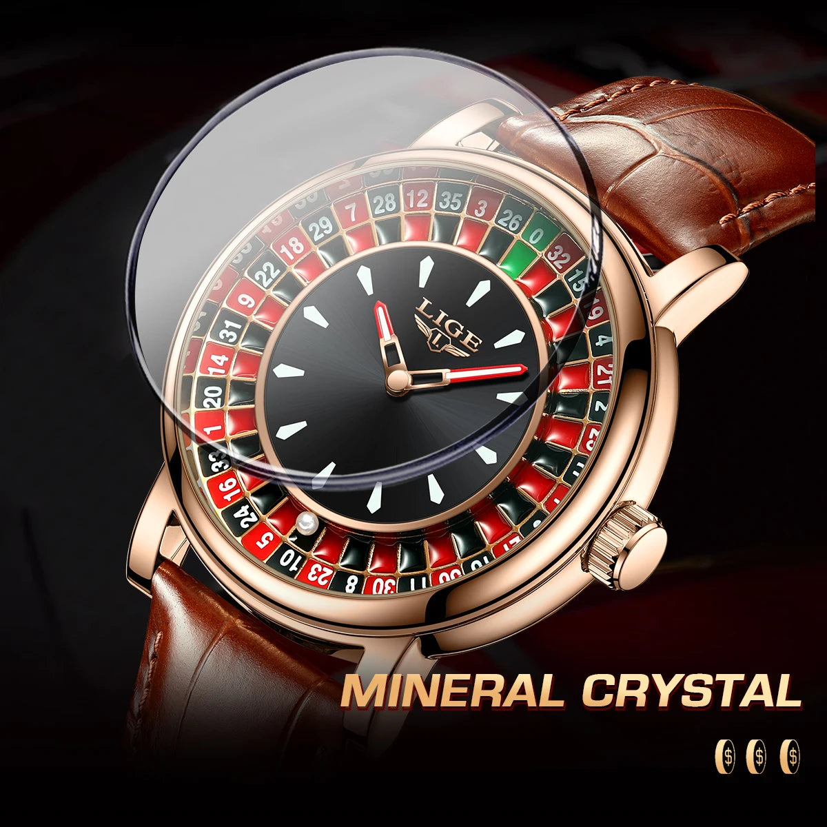 LIGE Retro Trendency Quartz Watches Unique Fashion Luxury Creative Gambling Table Game Dial Casual Waterproof Leather Mens Watch