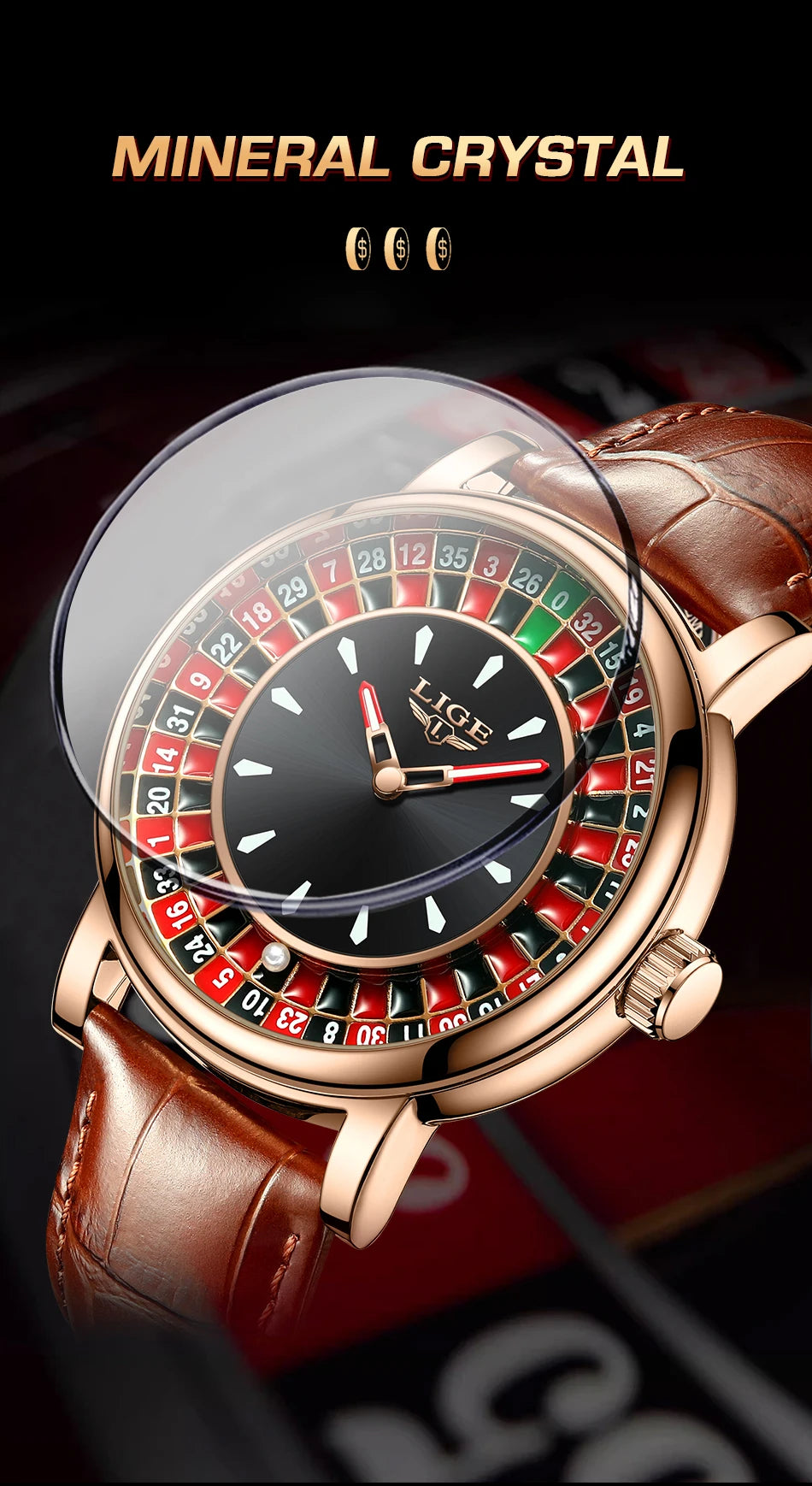 LIGE Retro Trendency Quartz Watches Unique Fashion Luxury Creative Gambling Table Game Dial Casual Waterproof Leather Mens Watch