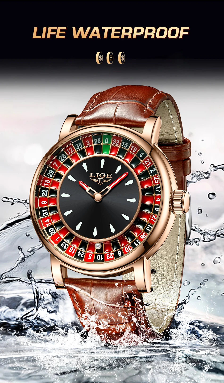 LIGE Retro Trendency Quartz Watches Unique Fashion Luxury Creative Gambling Table Game Dial Casual Waterproof Leather Mens Watch