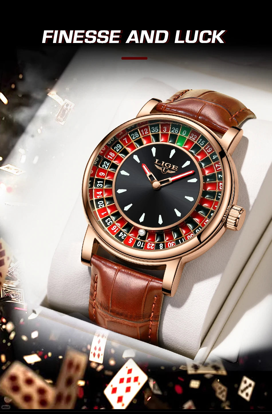 LIGE Retro Trendency Quartz Watches Unique Fashion Luxury Creative Gambling Table Game Dial Casual Waterproof Leather Mens Watch