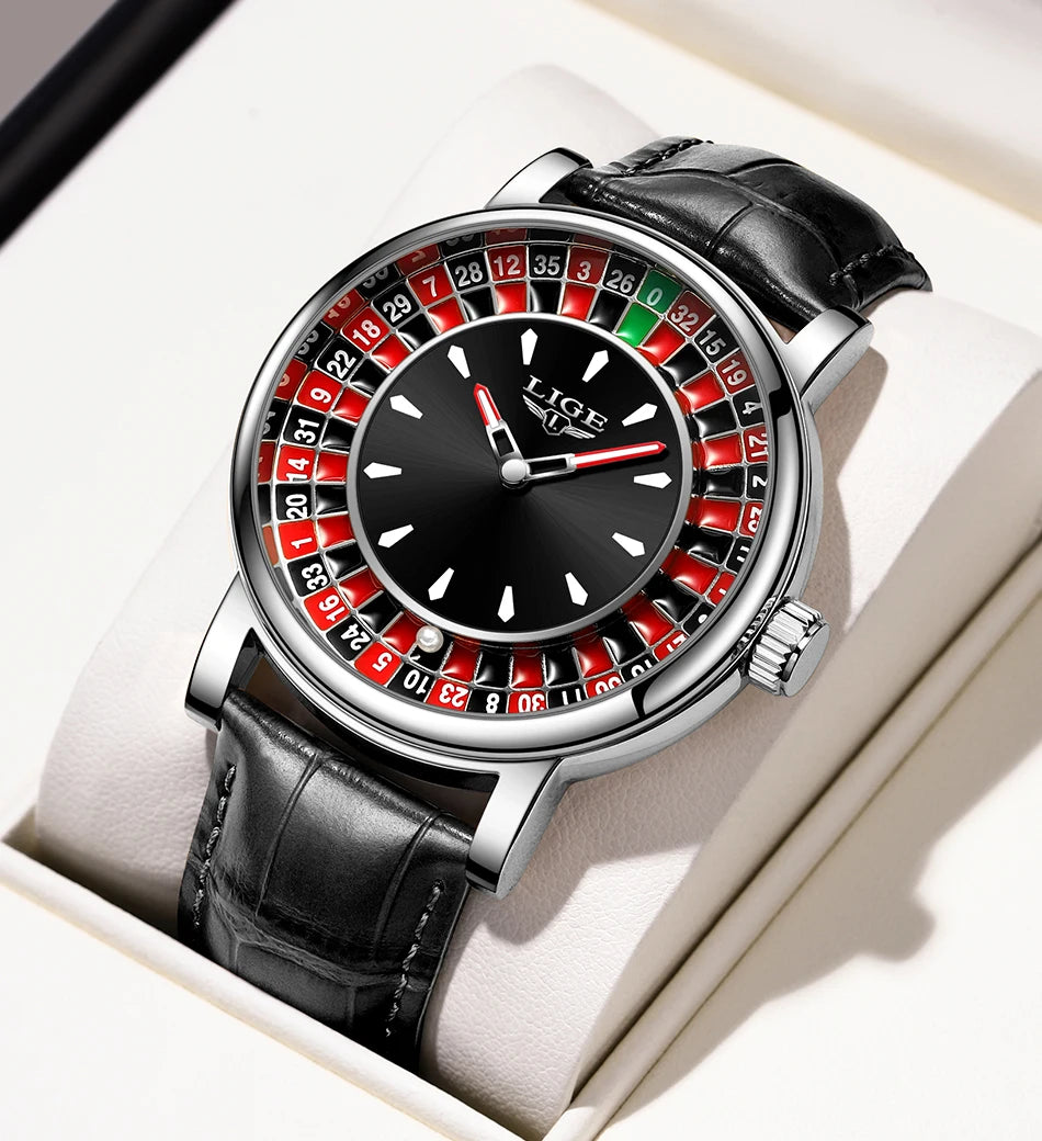 LIGE Retro Trendency Quartz Watches Unique Fashion Luxury Creative Gambling Table Game Dial Casual Waterproof Leather Mens Watch