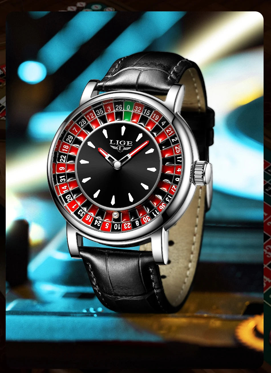 LIGE Retro Trendency Quartz Watches Unique Fashion Luxury Creative Gambling Table Game Dial Casual Waterproof Leather Mens Watch