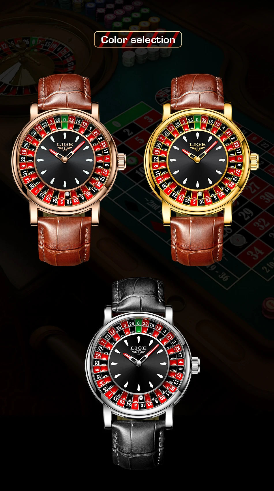LIGE Retro Trendency Quartz Watches Unique Fashion Luxury Creative Gambling Table Game Dial Casual Waterproof Leather Mens Watch
