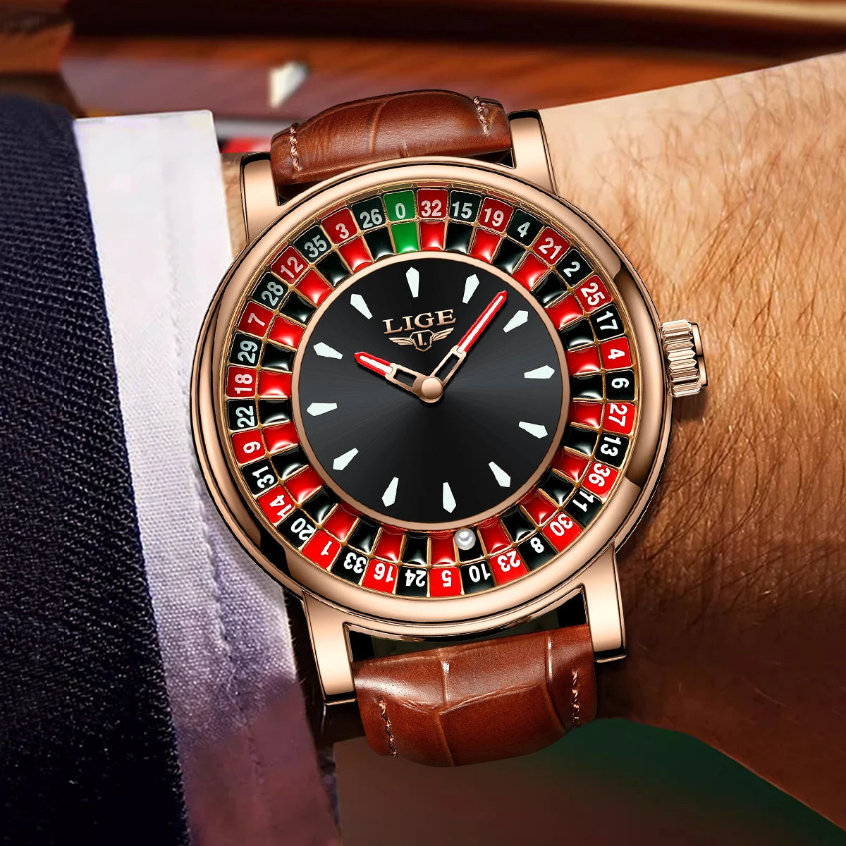 LIGE Retro Trendency Quartz Watches Unique Fashion Luxury Creative Gambling Table Game Dial Casual Waterproof Leather Mens Watch