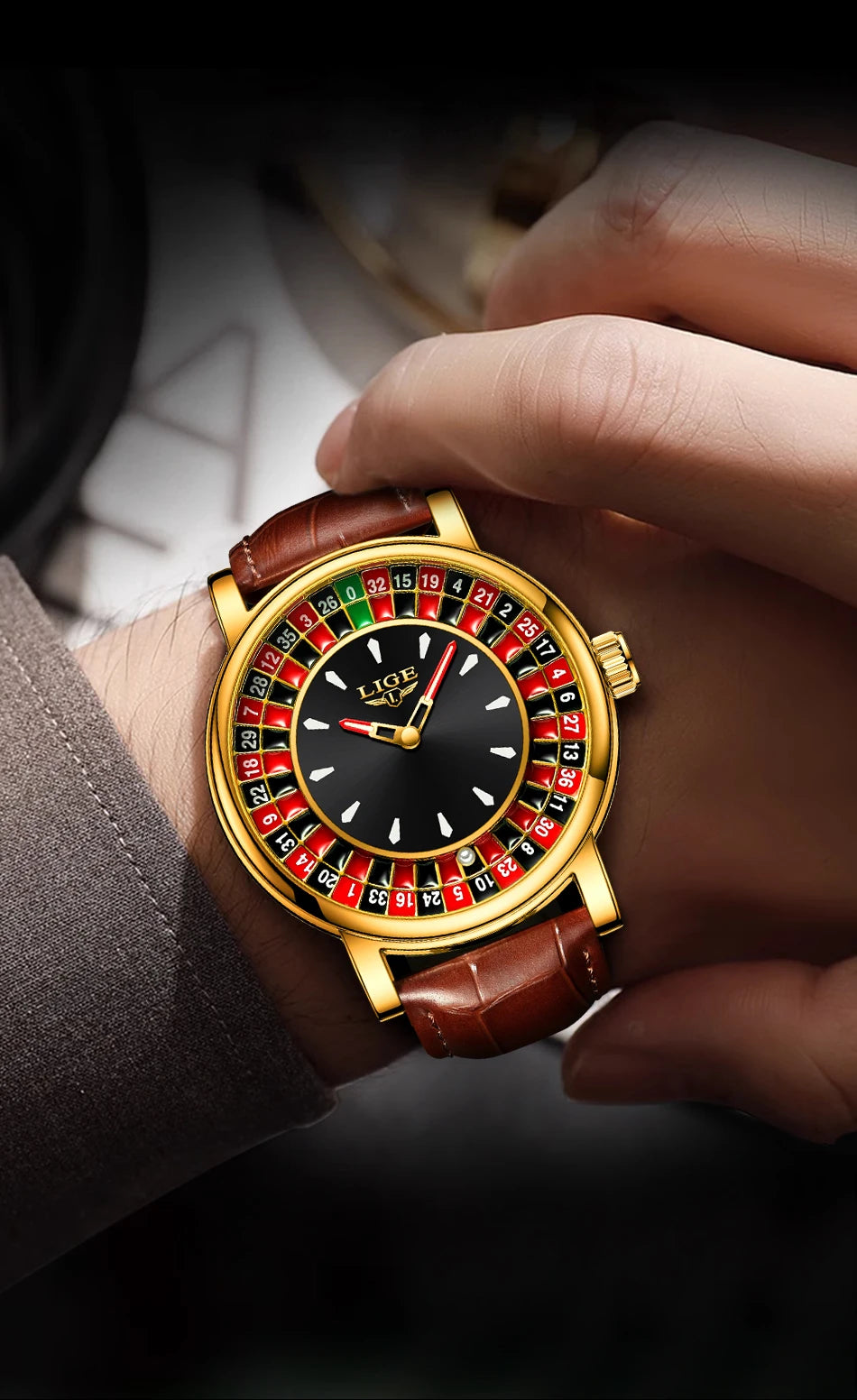 LIGE Retro Trendency Quartz Watches Unique Fashion Luxury Creative Gambling Table Game Dial Casual Waterproof Leather Mens Watch