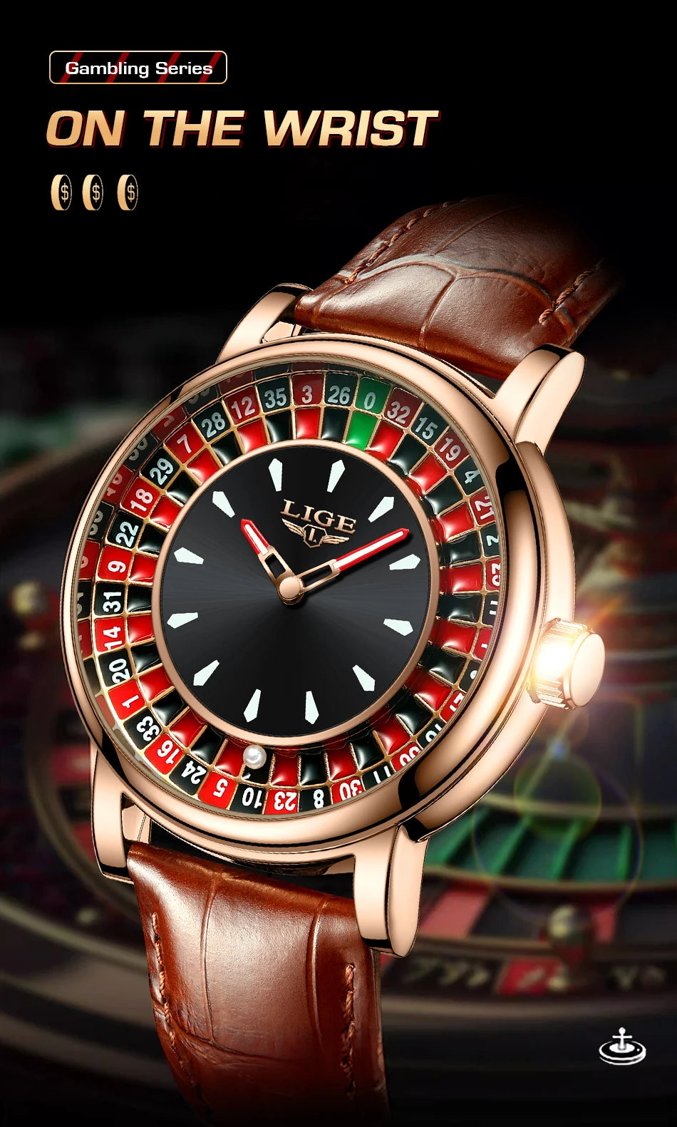 LIGE Retro Trendency Quartz Watches Unique Fashion Luxury Creative Gambling Table Game Dial Casual Waterproof Leather Mens Watch