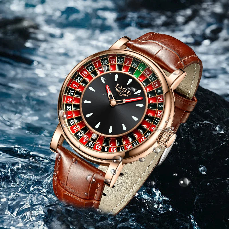 LIGE Retro Trendency Quartz Watches Unique Fashion Luxury Creative Gambling Table Game Dial Casual Waterproof Leather Mens Watch