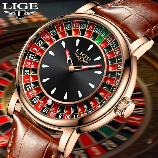 LIGE Retro Trendency Quartz Watches Unique Fashion Luxury Creative Gambling Table Game Dial Casual Waterproof Leather Mens Watch