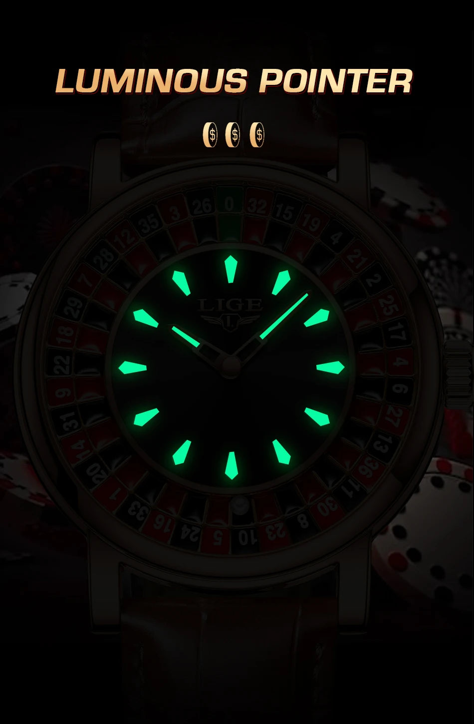 LIGE Retro Trendency Quartz Watches Unique Fashion Luxury Creative Gambling Table Game Dial Casual Waterproof Leather Mens Watch