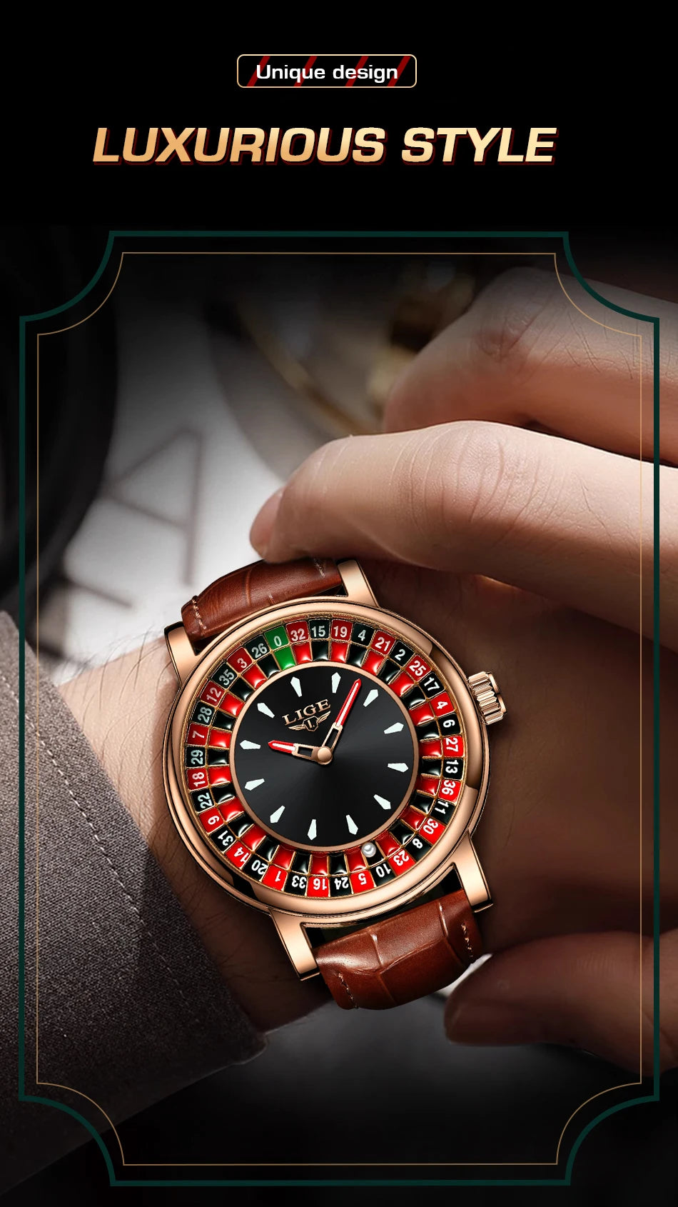 LIGE Retro Trendency Quartz Watches Unique Fashion Luxury Creative Gambling Table Game Dial Casual Waterproof Leather Mens Watch