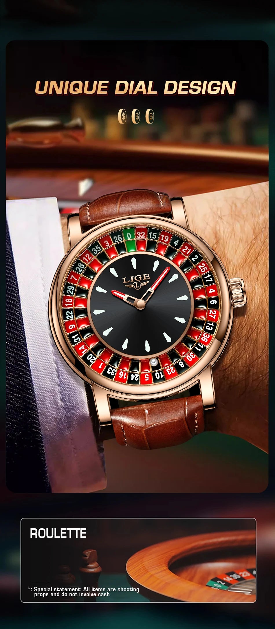 LIGE Retro Trendency Quartz Watches Unique Fashion Luxury Creative Gambling Table Game Dial Casual Waterproof Leather Mens Watch